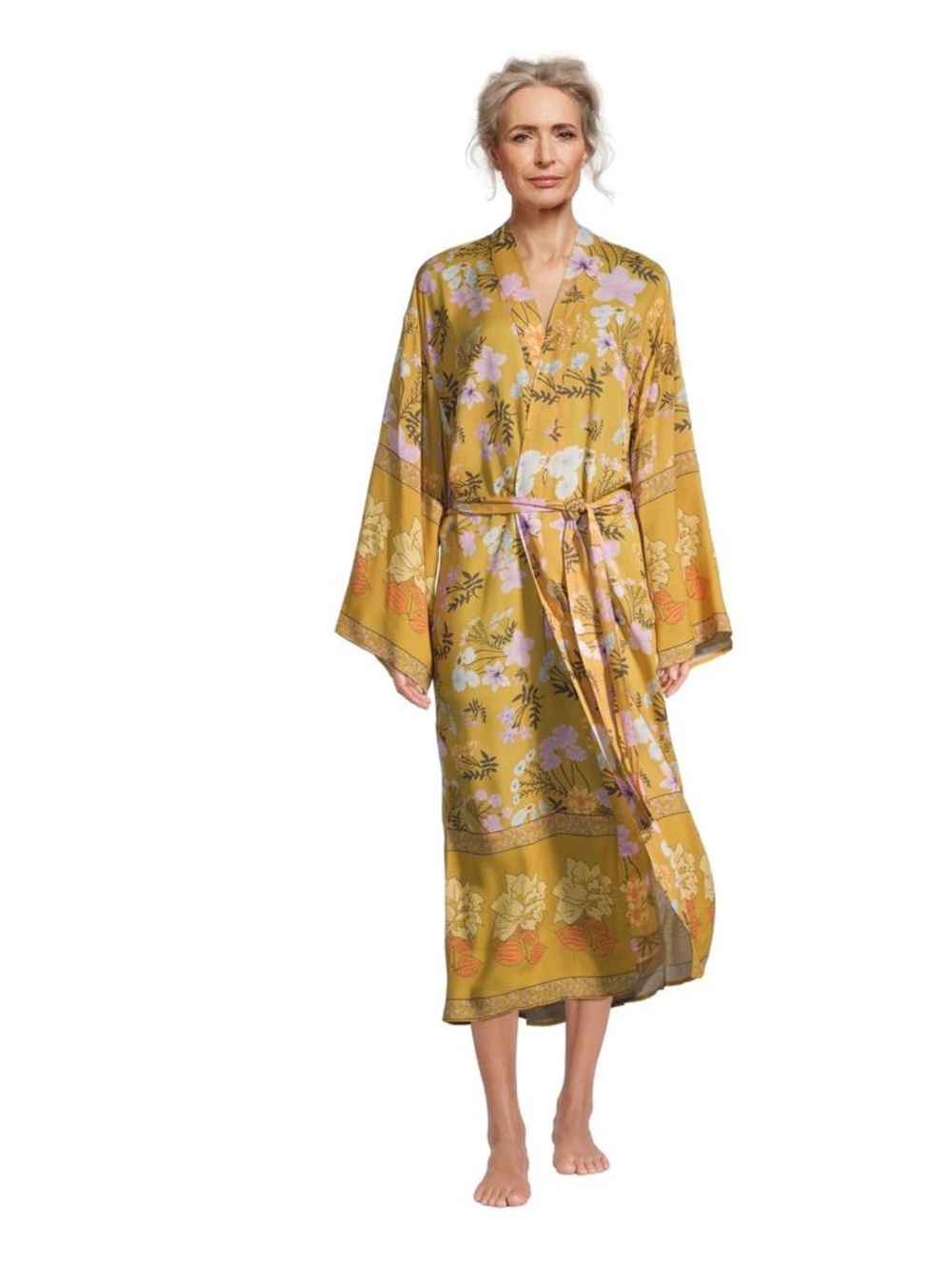 World Market Mustard Yellow Kimono Sleeve Floral Robe One Size